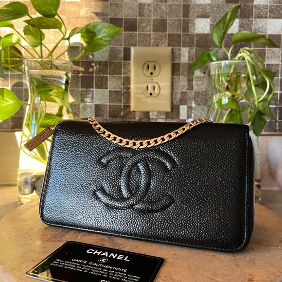 CHANEL Handbags - CHANEL Black Quilted Caviar Leather (wallet on a chain)